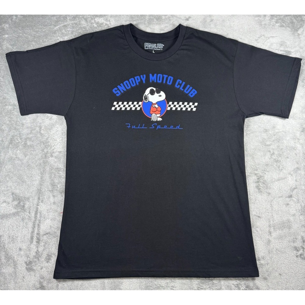 Peanuts Snoopy Moto Club Full Speed Black Graphic T-Shirt Size Large RN:150631